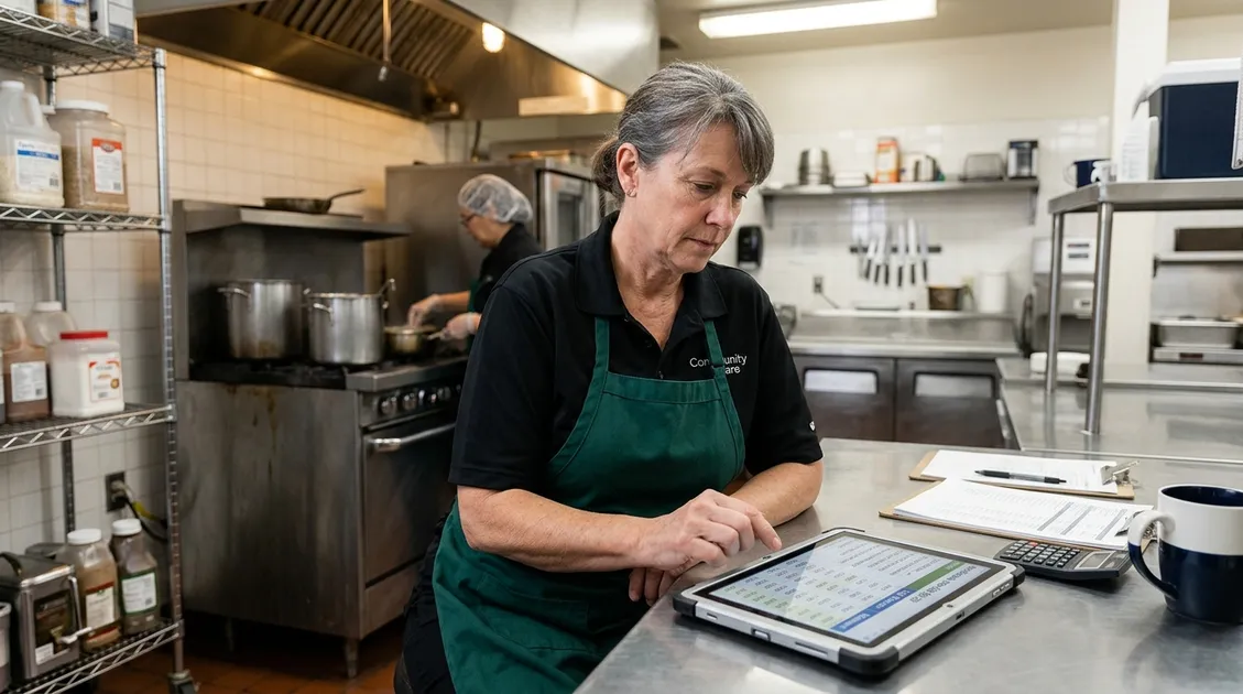 Small facility kitchen manager reviewing a wholesale price comparison shopping list on a tablet