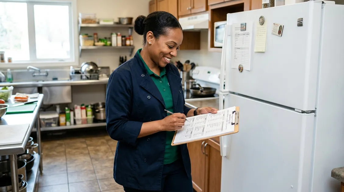 Kitchen manager reviewing a census-scaled shopping list on a clipboard in a residential group home kitchen