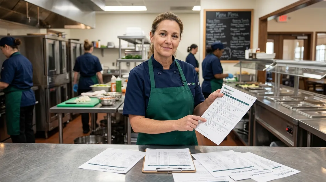 Dietitian-Approved Cycle Menus for Senior Care Facilities - Kitchen manager reviewing printed PantryTec cycle menu posted on kitchen wall