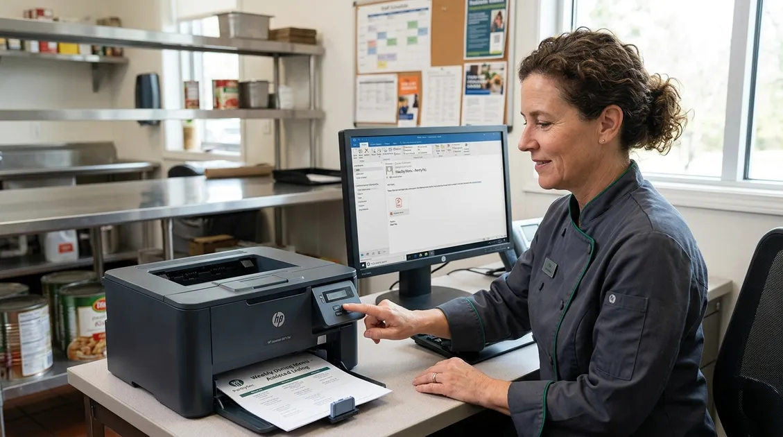 Kitchen manager holding a printed PantryTec weekly menu binder during a state survey preparation session