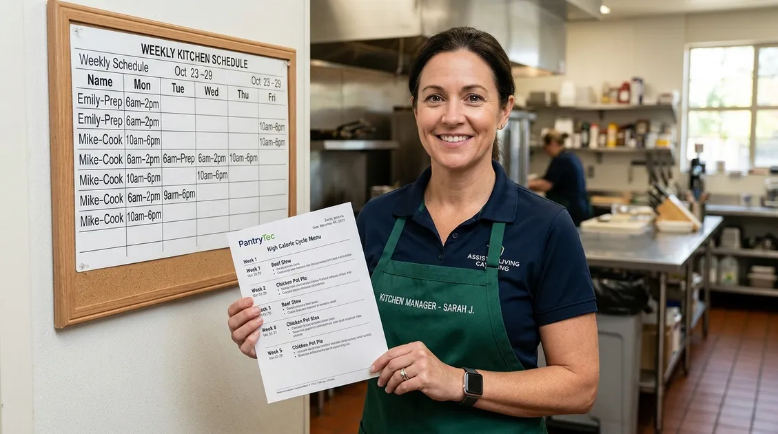 Kitchen manager posting printed high calorie cycle menu on assisted living kitchen bulletin board