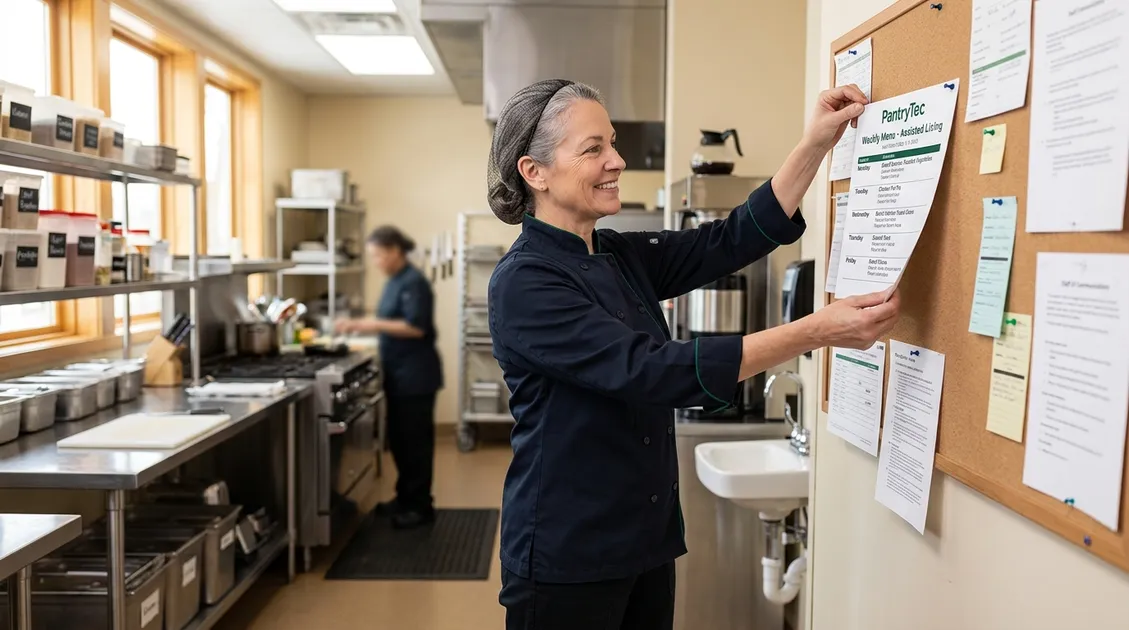 Sample PantryTec menu pages and shopping list on kitchen counter