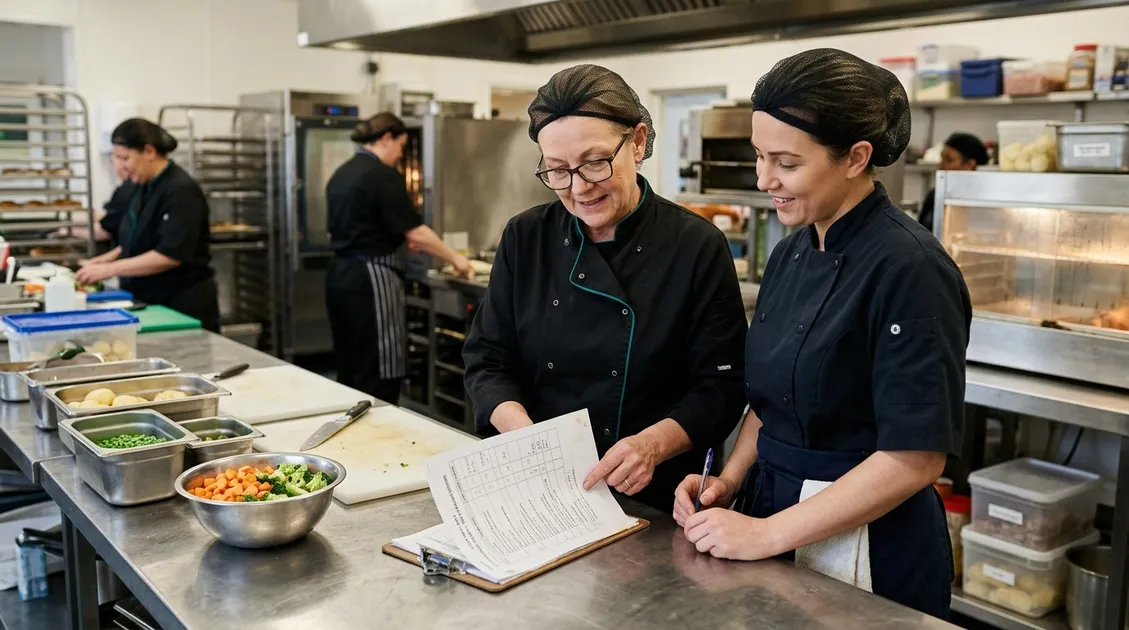 Kitchen staff using printed cycle menu and production sheet during meal preparation