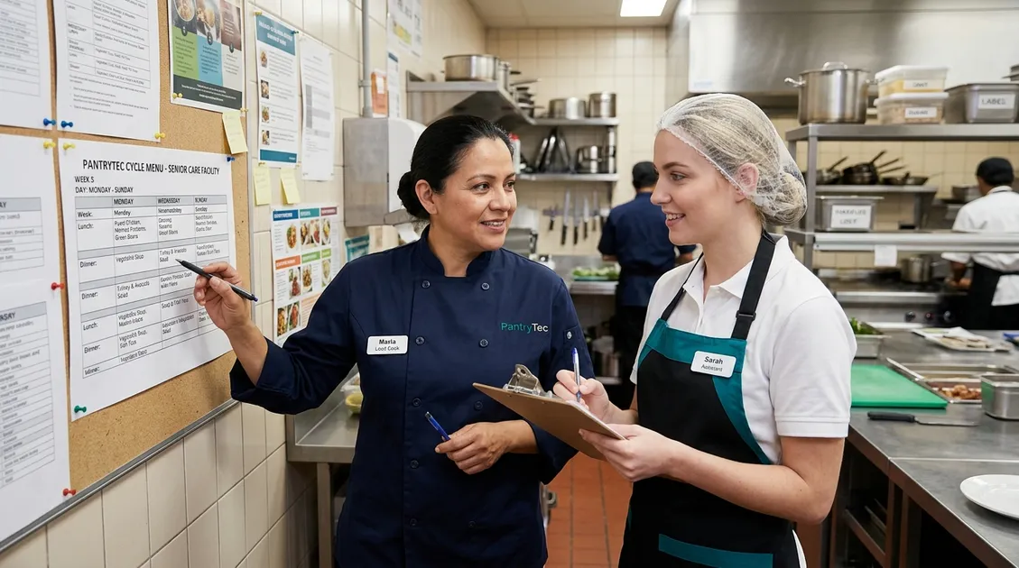 Senior care kitchen staff reviewing a printed weekly cycle menu during a team huddle