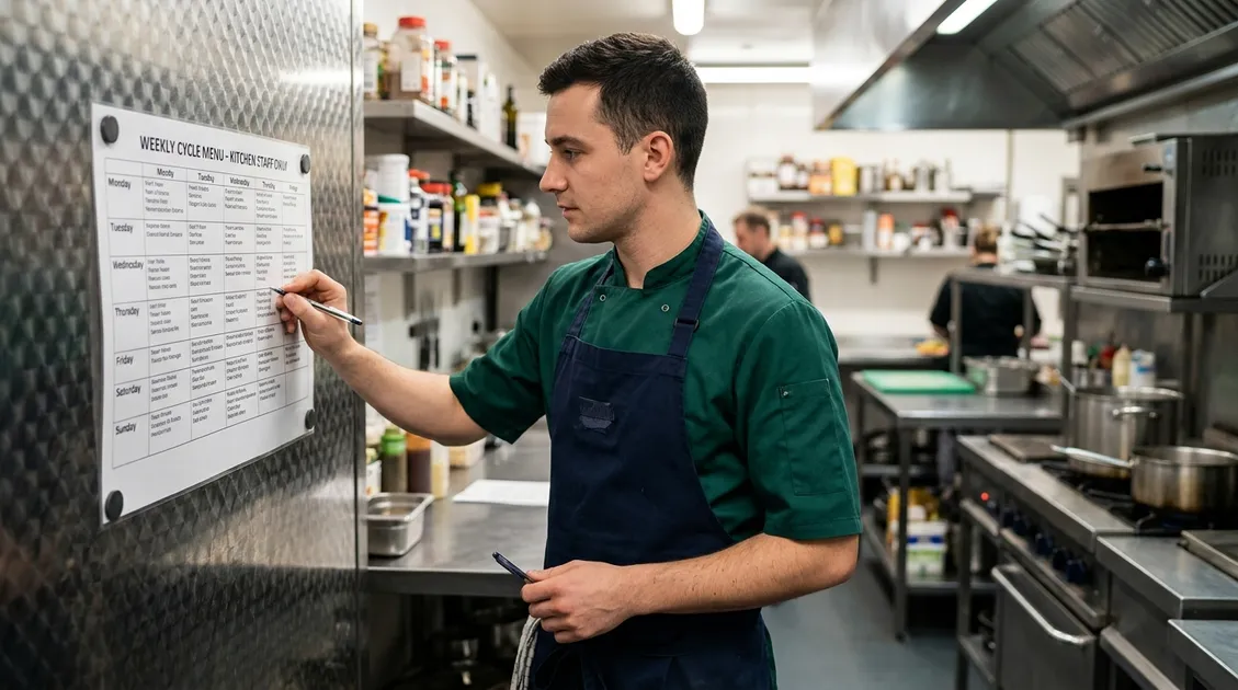 Kitchen staff member reviewing printed weekly cycle menu posted on commercial kitchen wall Kitchen staff member reviewing printed weekly cycle menu posted on commercial kitchen wall