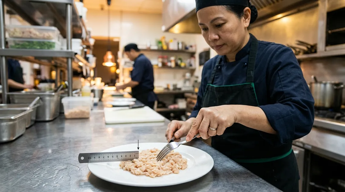 Dietitian-Approved Cycle Menus for Senior Care Facilities - Kitchen staff performing fork-pressure test on minced chicken to verify IDDSI Level 5 texture compliance