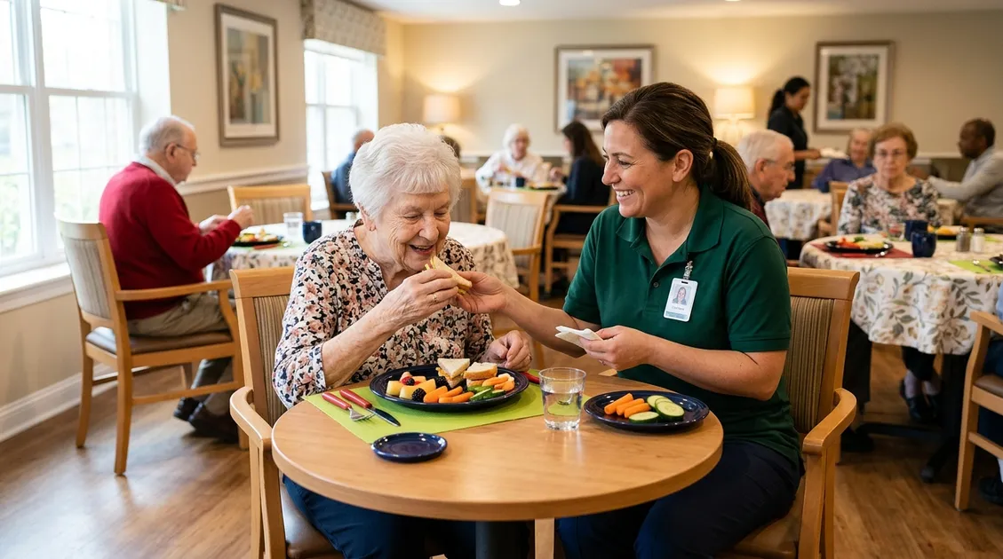 Dietitian-Approved Cycle Menus for Senior Care Facilities - Memory care dining room with small tables and high-contrast plating for dementia residents