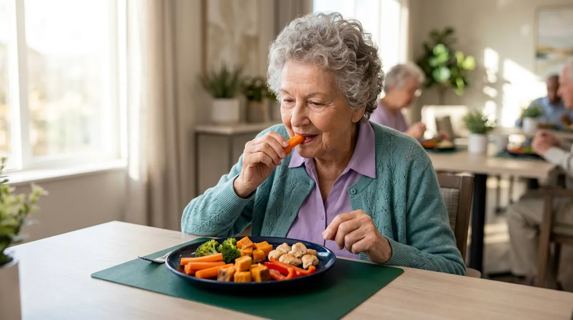 Dietitian-Approved Cycle Menus for Senior Care Facilities - Memory care resident eating soft finger food items independently at a dining table
