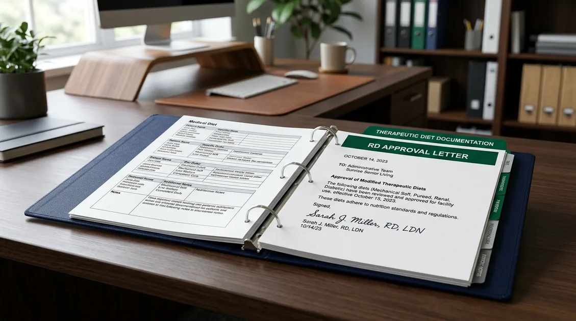 Open compliance binder on desk showing RD approval letter and signed therapeutic diet menu