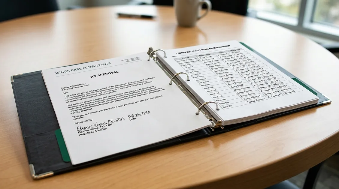 Registered dietitian reviewing nutrient analysis report with facility administrator