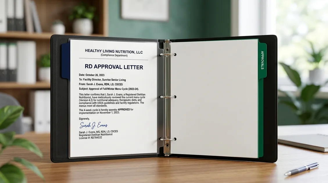 Compliance binder open to dietitian-signed RD Approval Letter next to printed cycle menu