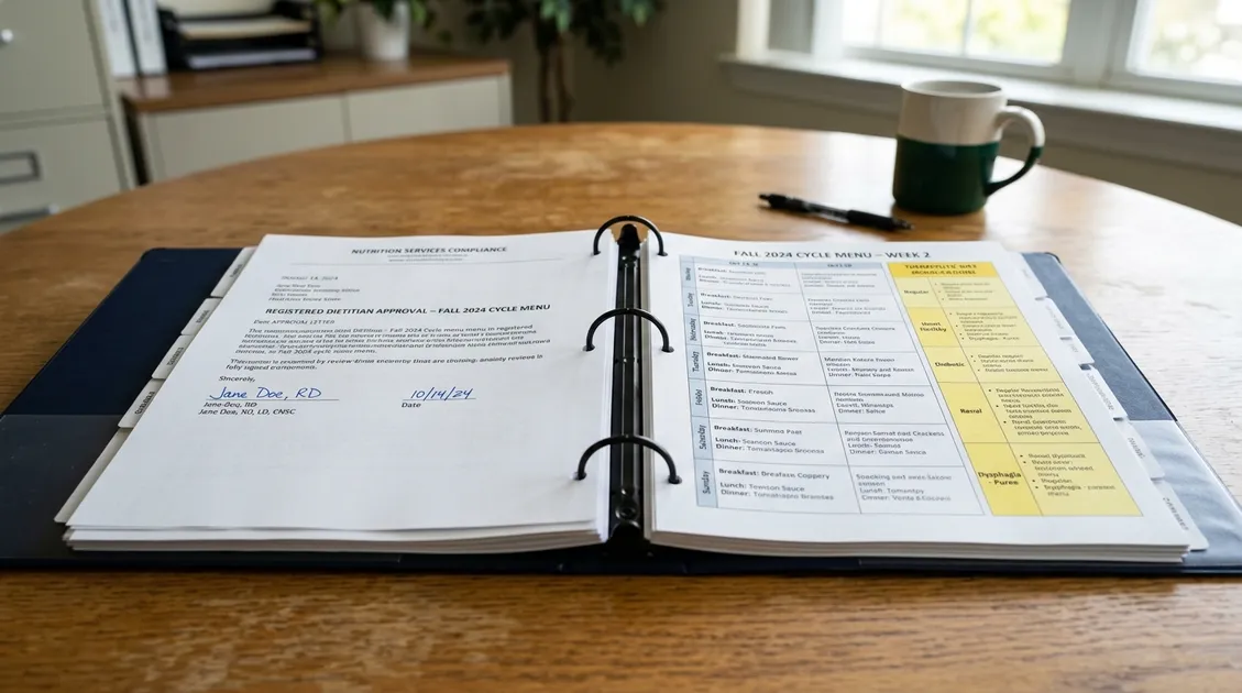 Organized compliance binder open to a signed RD Approval Letter and cycle menu documentation