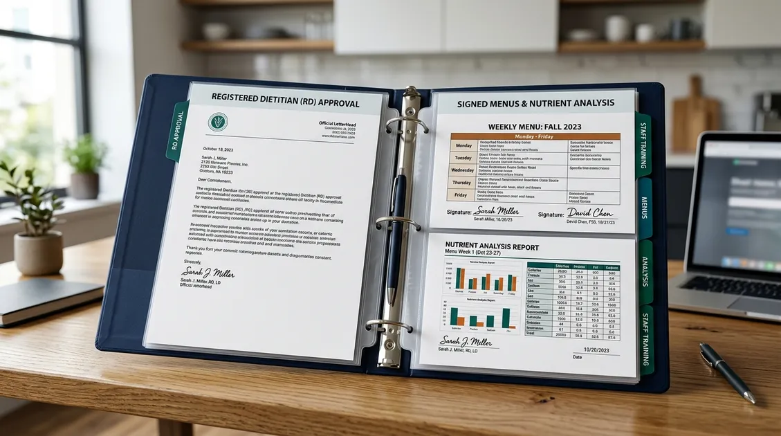 Dietitian-Approved Cycle Menus for Senior Care Facilities - Registered Dietitian reviewing nutritional analysis reports on a tablet in a senior care kitchen