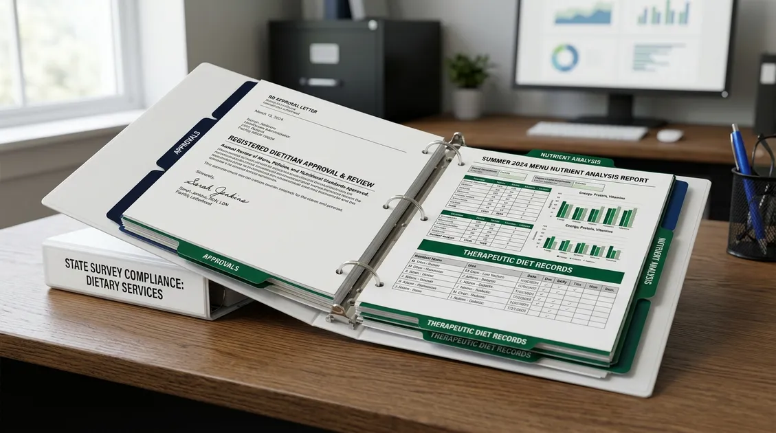 Dietitian-Approved Cycle Menus for Senior Care Facilities - Organized compliance binder with signed RD approval letter and nutrient analysis for SNF survey readiness