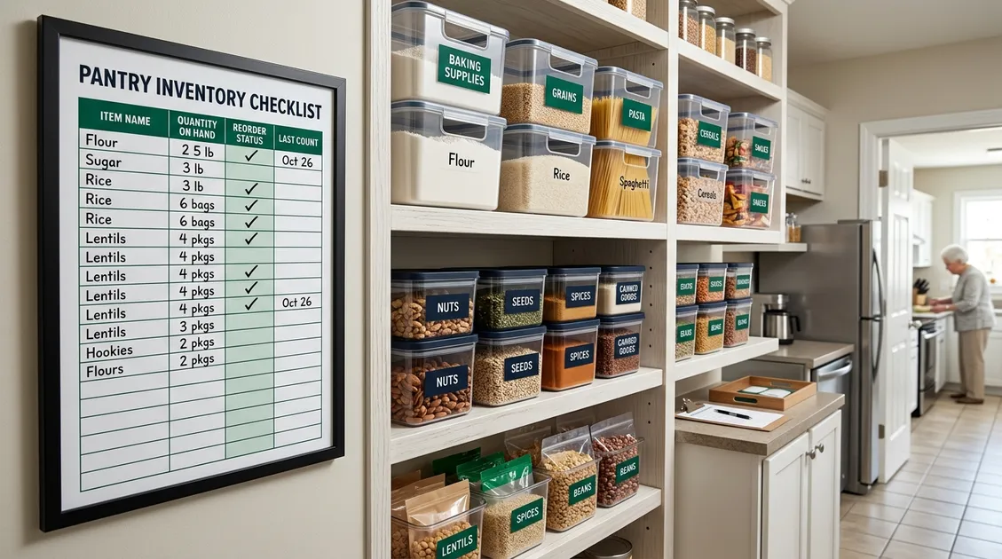 Organized dry goods storage in group home kitchen with inventory tracking sheets