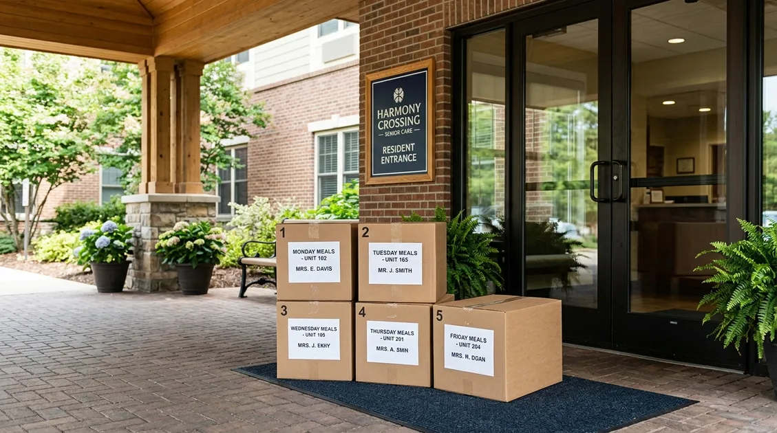 Organized grocery delivery boxes labeled by meal day arriving at a small residential care facility