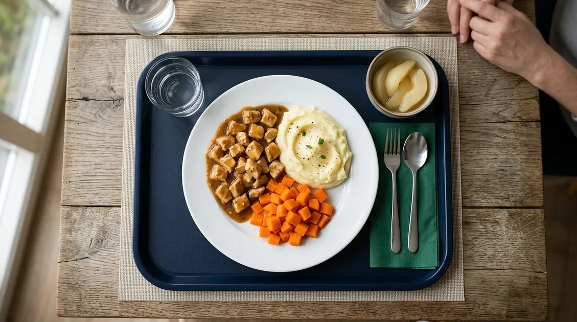 Overhead photo of a complete IDDSI Level 6 lunch plate with diced chicken in gravy and soft steamed vegetables