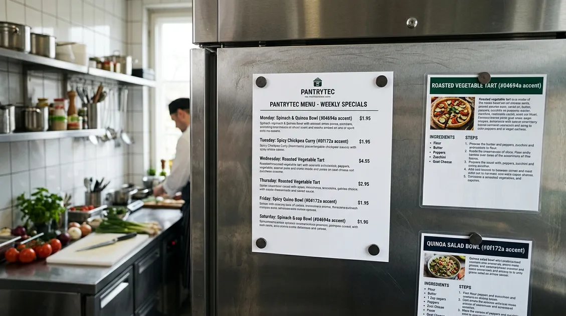 PantryTec branded weekly menu PDF printed and posted on refrigerator in small commercial kitchen PantryTec branded weekly menu PDF printed and posted on refrigerator in small commercial kitchen