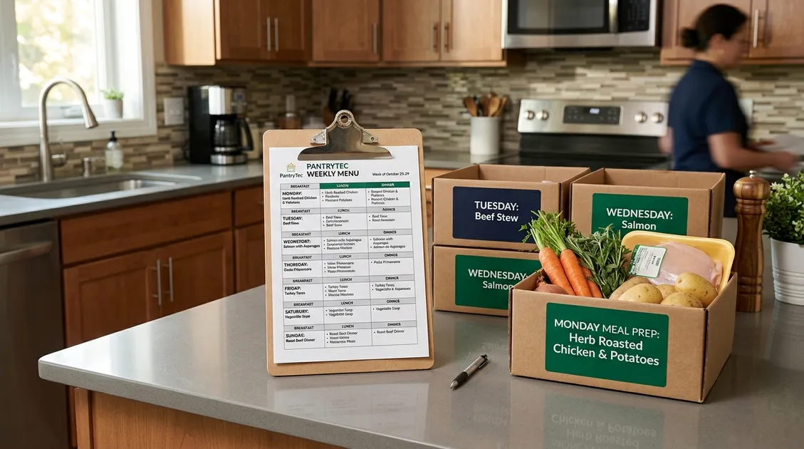 PantryTec weekly menu PDF displayed on assisted living facility kitchen counter PantryTec weekly menu PDF displayed on assisted living facility kitchen counter