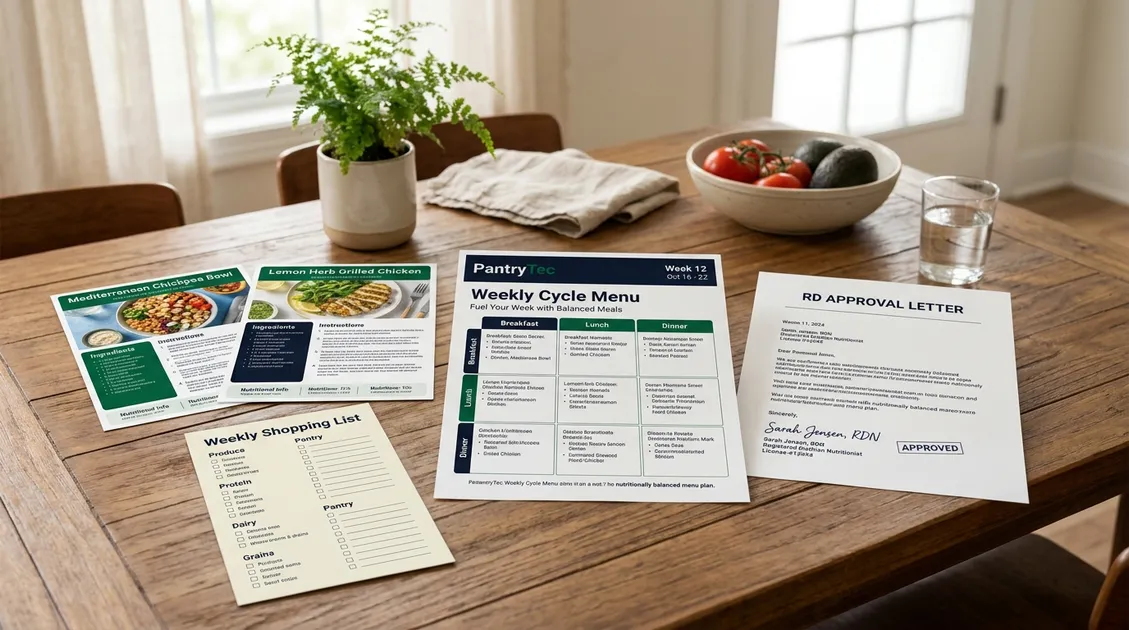 PantryTec menu package spread on a table showing printed cycle menu, recipes, shopping list, and RD approval letter