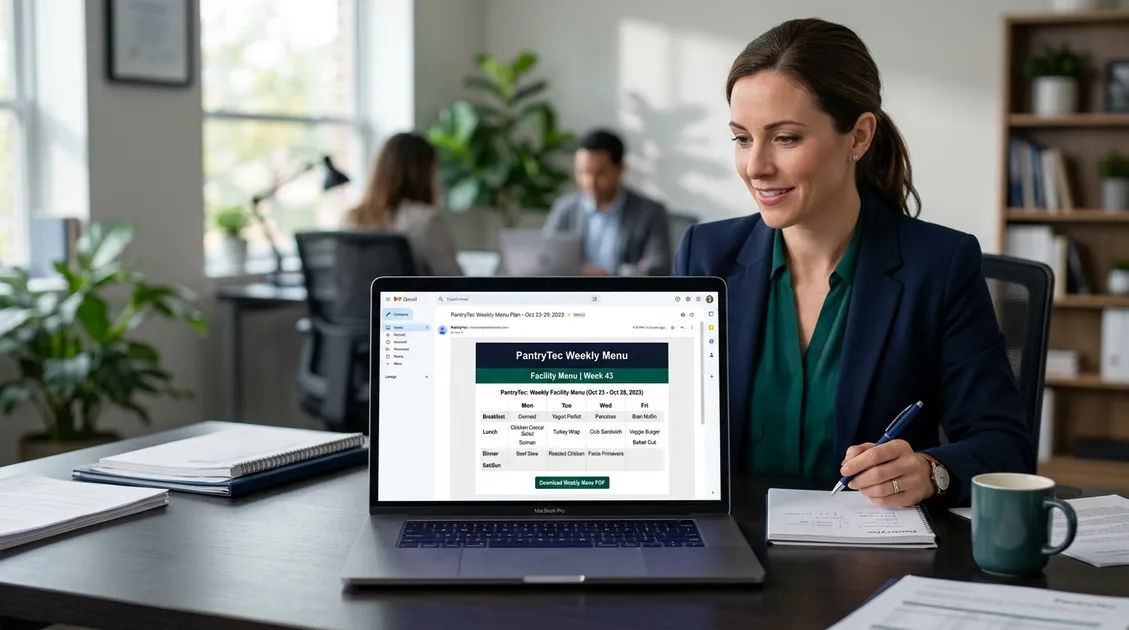 Group home administrator reviewing menu options on tablet at kitchen counter