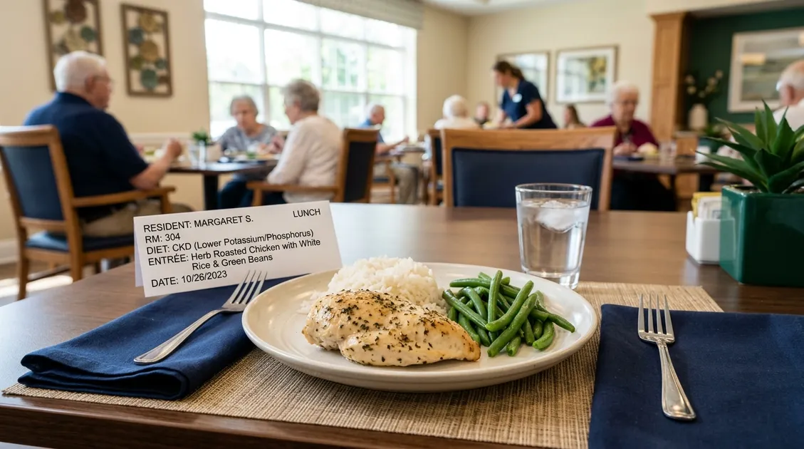 Plated therapeutic cardiac diet meal with grilled salmon and tray card displaying sodium content
