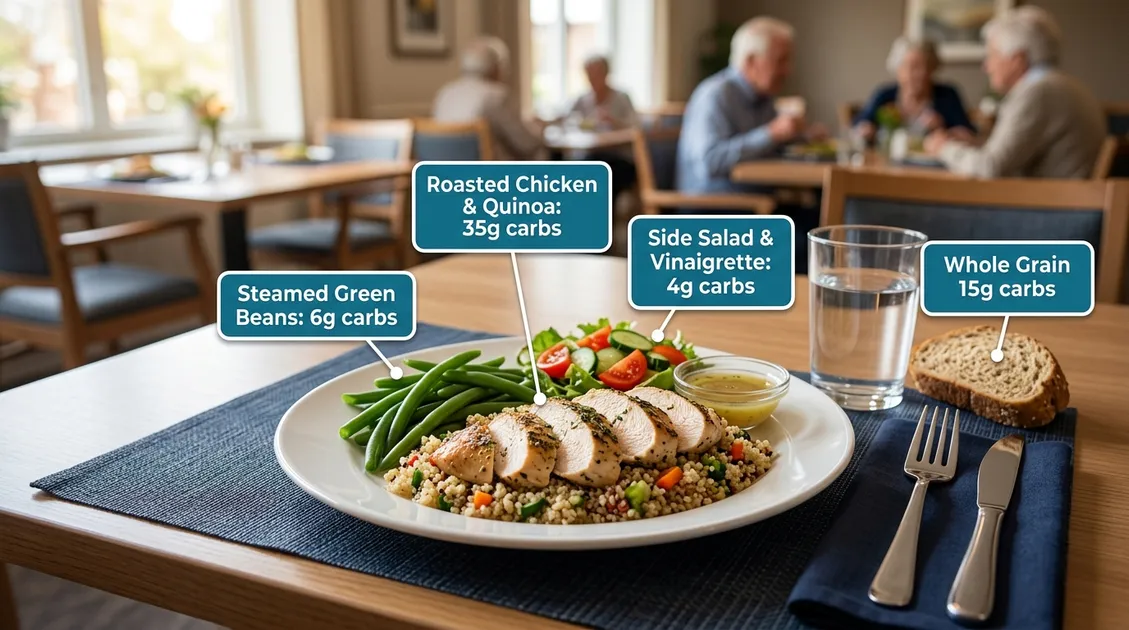 Dietitian-Approved Cycle Menus for Senior Care Facilities - Plated diabetic-friendly meal on senior care tray with carbohydrate gram labels