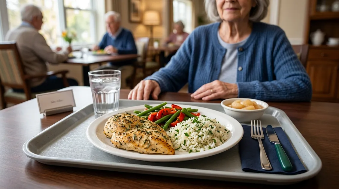 Dietitian-Approved Cycle Menus for Senior Care Facilities - Plated renal-friendly senior care meal with grilled chicken, steamed vegetables, and rice