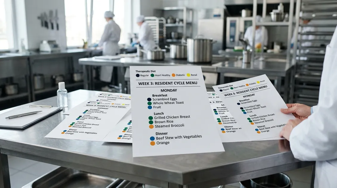 Dietitian-Approved Cycle Menus for Senior Care Facilities - Printed PantryTec cycle menu with color-coded therapeutic diet modifications
