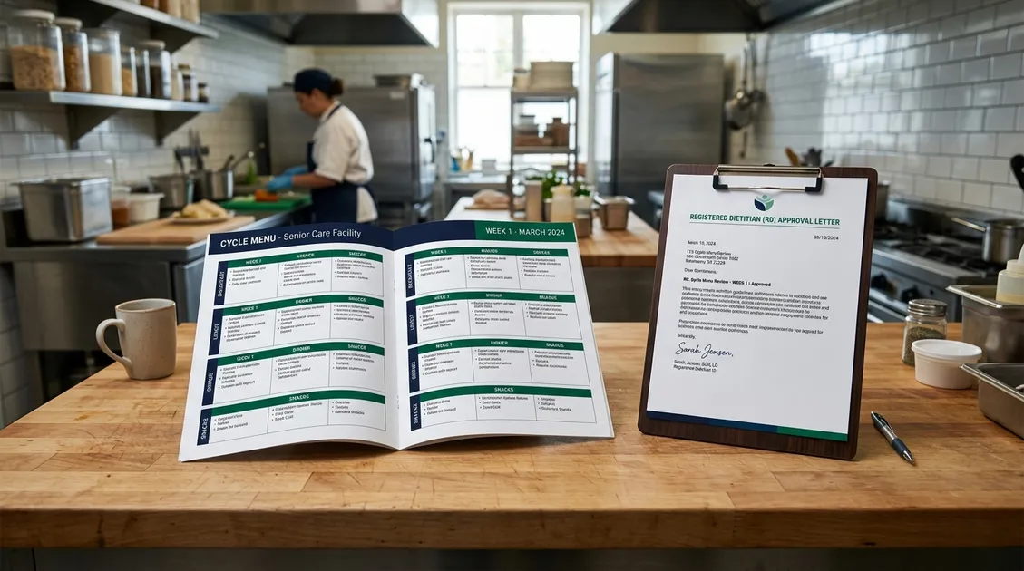 Dietitian-Approved Cycle Menus for Senior Care Facilities - Printed cycle menu PDF on a senior care facility kitchen counter with an RD approval letter on clipboard