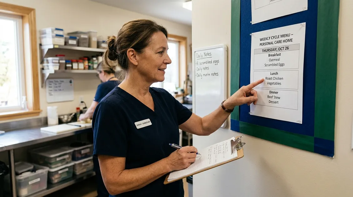Dietitian-Approved Cycle Menus for Senior Care Facilities - Printed cycle menu posted on a personal care home kitchen wall with a caregiver reviewing daily meals Dietitian-Approved Cycle Menus for Senior Care Facilities - Printed cycle menu posted on a personal care home kitchen wall with a caregiver reviewing daily meals