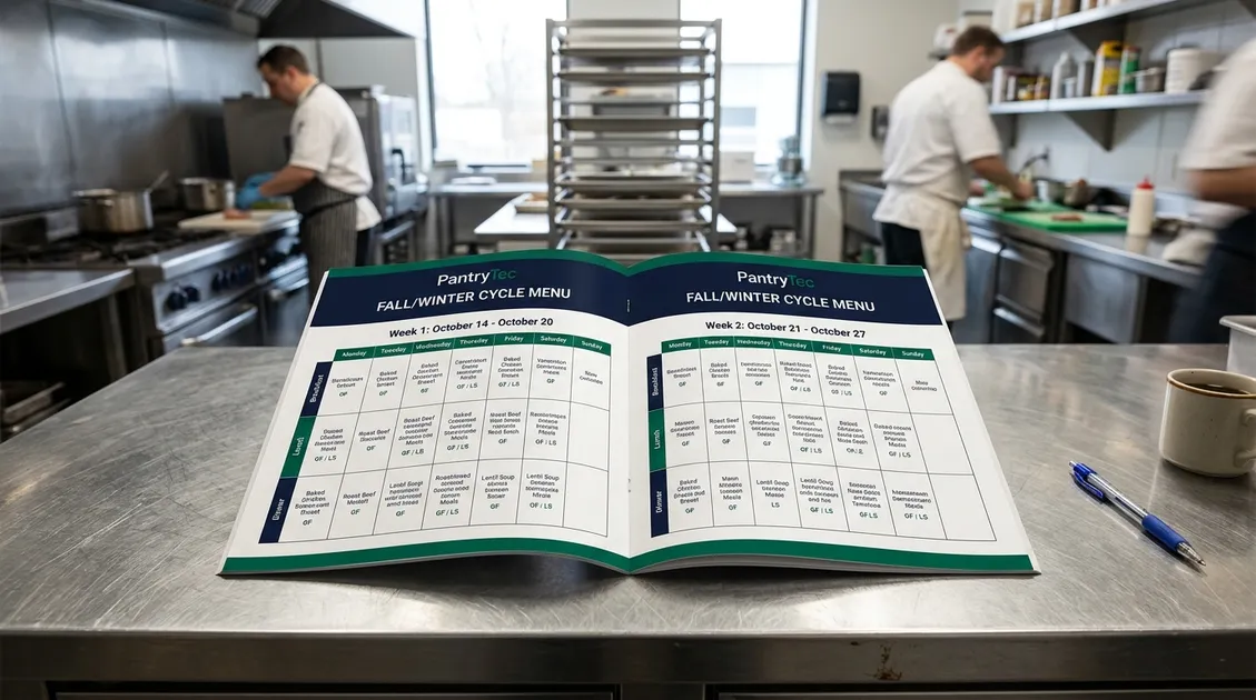 PantryTec dietitian-approved cycle menu PDF displayed on assisted living kitchen counter