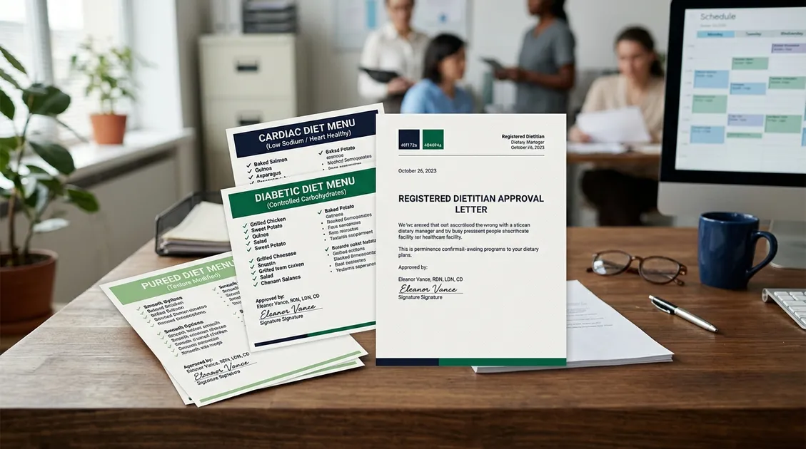 Printed therapeutic diet menu variants for cardiac diabetic and pureed diets on a dietary manager desk
