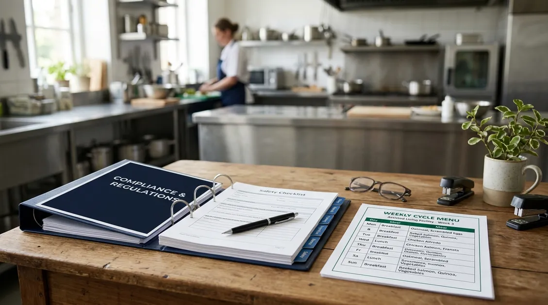 dietitian approved cycle menus - Printed weekly cycle menu on a dietary manager's desk next to a compliance binder in an assisted living kitchen