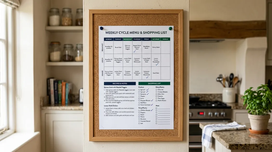 Weekly cycle menu PDF printed and posted on memory care facility kitchen bulletin board