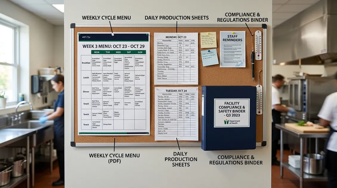 Printed PantryTec weekly IDDSI Level 5 cycle menu posted on kitchen wall with production sheets