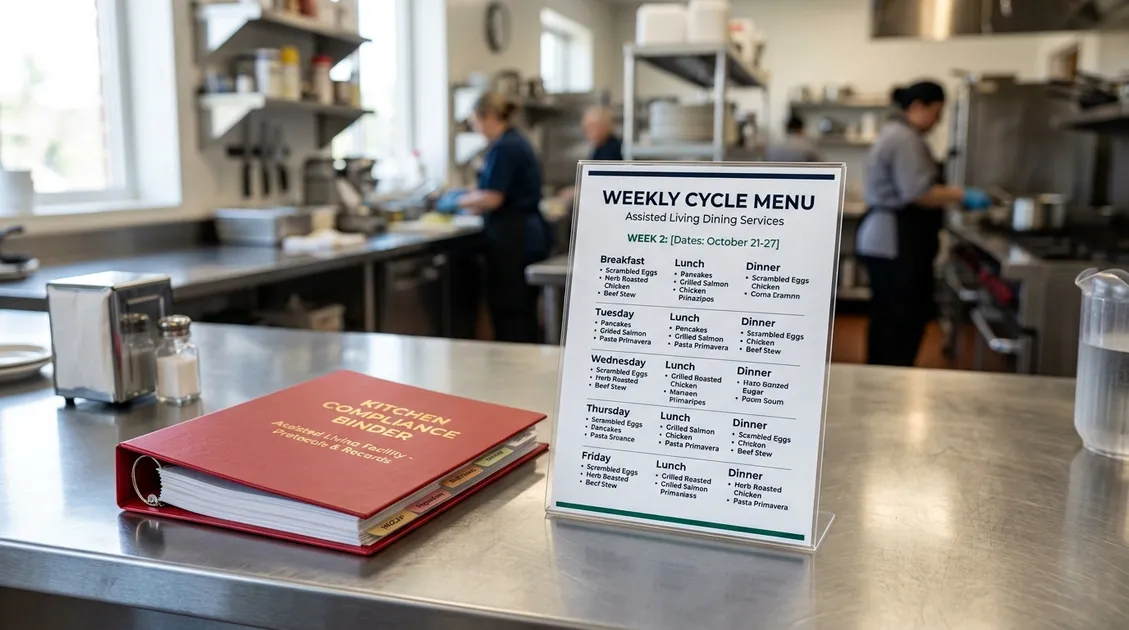 Dietitian-Approved Cycle Menus for Senior Care Facilities - Printed weekly cycle menu on an assisted living facility kitchen counter