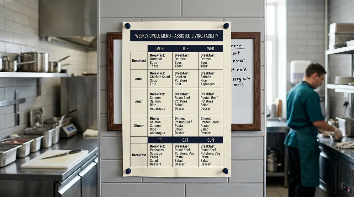 Dietitian-Approved Cycle Menus for Senior Care Facilities - Photo: Dietary manager reviewing a printed weekly cycle menu in an assisted living kitchen