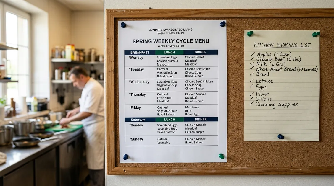 Printed weekly cycle menu posted on an assisted living facility kitchen bulletin board