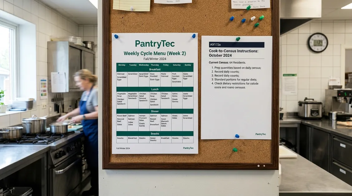 Dietitian-Approved Cycle Menus for Senior Care Facilities - PantryTec weekly cycle menu PDF printout on an assisted living facility kitchen counter with standardized recipes