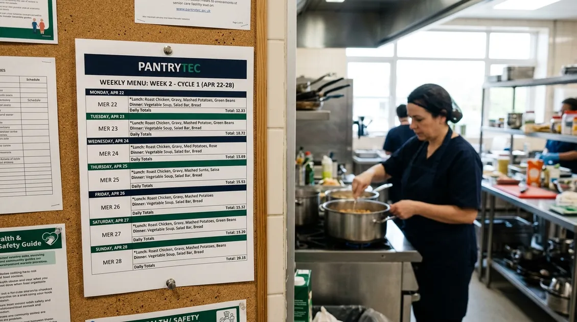 dietitian approved cycle menus - Printed weekly cycle menu posted on senior care facility kitchen wall dietitian approved cycle menus - Printed weekly cycle menu posted on senior care facility kitchen wall