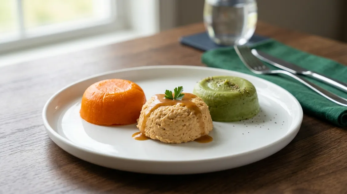 Dietitian-Approved Cycle Menus for Senior Care Facilities - Professionally plated puree IDDSI Level 4 meal on a senior care facility tray with molded vegetables and protein