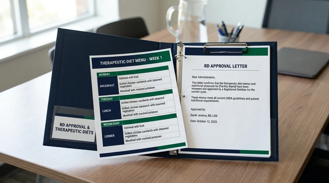 RD Approval Letter in compliance binder alongside therapeutic diet menu RD Approval Letter in compliance binder alongside therapeutic diet menu