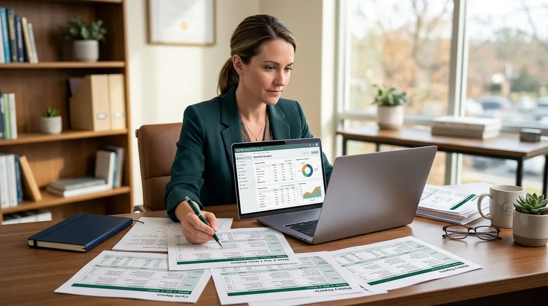 Registered Dietitian reviewing nutritional analysis with cycle menu printouts Registered Dietitian reviewing nutritional analysis with cycle menu printouts
