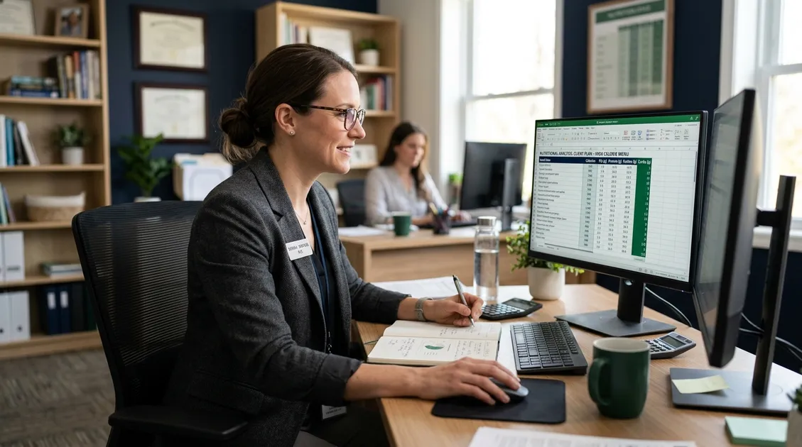 Registered Dietitian reviewing nutritional analysis report for high calorie therapeutic menu