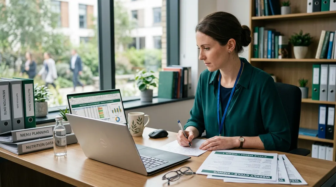 Registered Dietitian reviewing nutrient analysis report with printed cycle menus