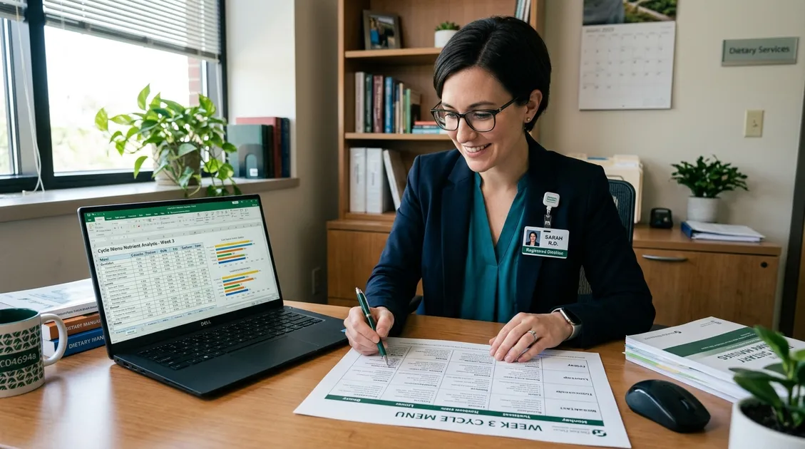 Registered Dietitian reviewing printed cycle menu with nutritional analysis Registered Dietitian reviewing printed cycle menu with nutritional analysis