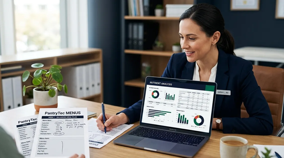 Registered dietitian reviewing nutrient analysis reports with PantryTec menus