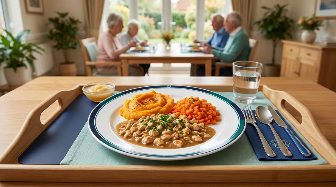 Dietitian-Approved Cycle Menus for Senior Care Facilities - Senior care dining tray with IDDSI Level 5 minced and moist foods including minced chicken in gravy and soft vegetables