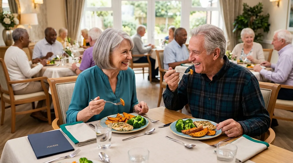 Dietitian-Approved Cycle Menus for Senior Care Facilities - Senior care dining room with residents eating a colorful gluten-free meal of grilled salmon and roasted vegetables